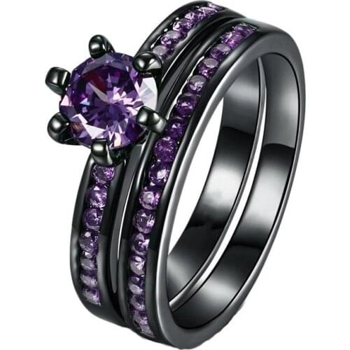 High Quality Fashion Geometric Purple Zircon Rings Set For Female Jewelry Bridal Wedding Engagement Gift
