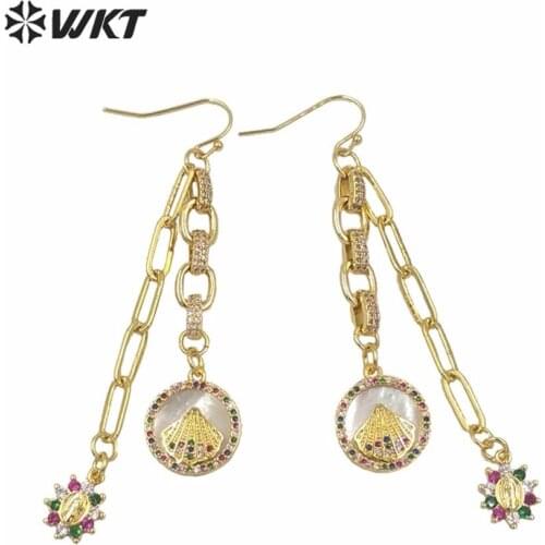 WT-ME077 New WKT exclusive hand make cubic zircon dangle charm chain earrings natural white pearl shell scallop earrings