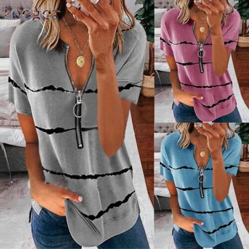 FEOGOR 2021 summer new style short-sleeved striped flat print zipper short-sleeved T-shirt Womens blouse Loose T-shirt