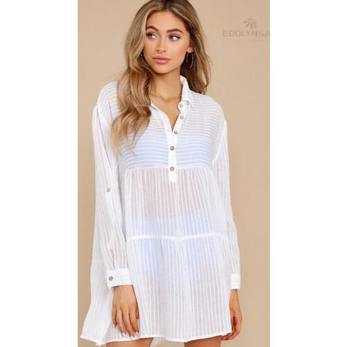 Striped White Tunic Women Street Wear Sexy Long Sleeve Turn Down Collar Summer Shirt Dress Beach Wear Swim Suit Cover Up Q1337
