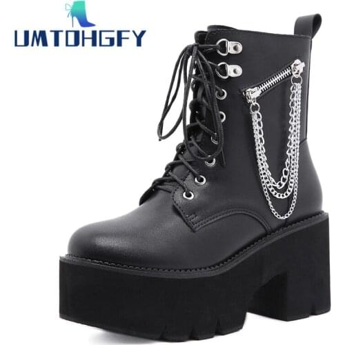 Genuel Leather 35-42 Sexy Rivet China Gothic 9.5cm Platform Boots Demonia Girls Chunky Heels Female Shoes Black Punk Style Ankle