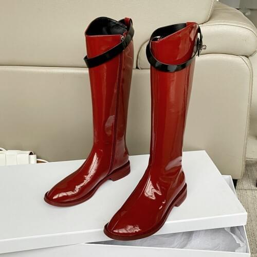 Black White Red Women Knee High Boots Fashion Mirror Patent Leather Knight Boots Zipper Low Heel Round Toe Autumn Winter Shoes