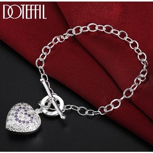 DOTEFFIL 925 Sterling Silver Purple AAA Zircon Heart Bracelet For Women Wedding Engagement Party Fashion Jewelry