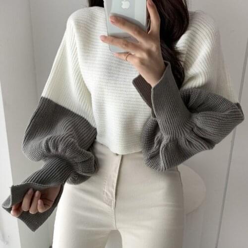 Fashion Slash Neck Color Contrast Lantern Sleeve High Waist Short Women Knitted Sweater Casual Spring Autumn New Female Knitwear