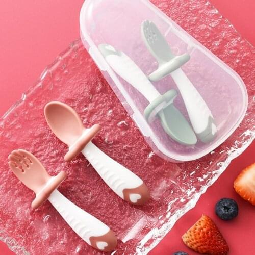 2Pcs/Set Spoon Fork Round Head Design Anti-slip Food Grade Material Children Spoon Fork Set for Household