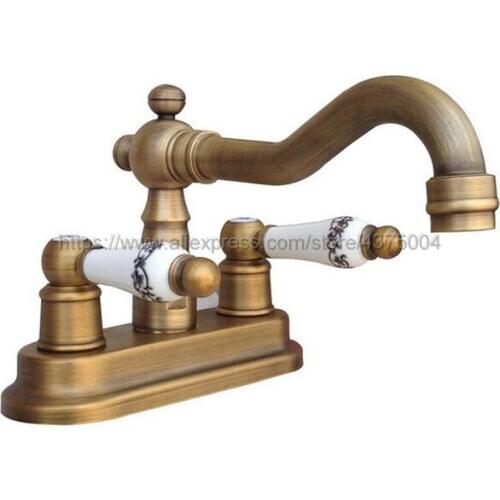Antique Brass Basin Faucet Dual Hole Brass Faucet Vanity Vessel Sinks Mixer Cold And Hot Water Tap Deck Mount Nnf327
