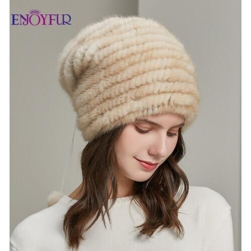 ENJOYFUR winter natural mink fur hats for women hand-sewn warm loose casual girl bonnet fashion elastic russia female ski beanie
