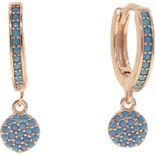 Geometric round dots disco charm hoop earring rose gold color micro pave blue stone fashion women jewelry