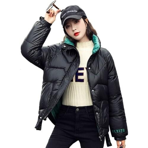 Glossy Down Cotton Jacket Short Letter Print Autumn Winter Jacket Female Warm Solid Down Parka Cotton Jackets Overcoat