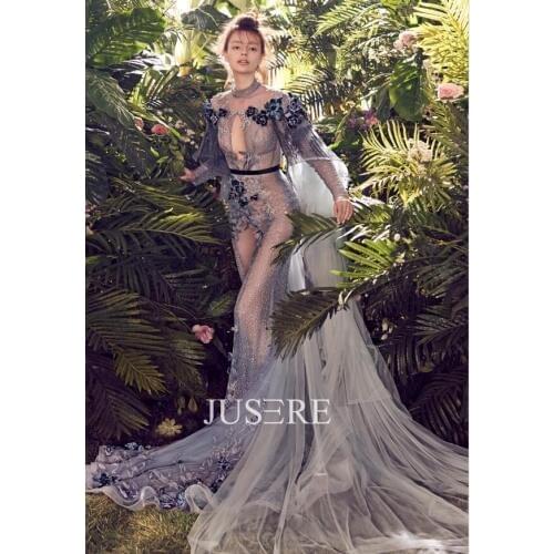 Jusere Fashion Runway Style Fit Beaded Evening Dresses Pleat Ruffles Sleeves Formal Gown With Cape Party Dress