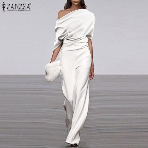 ZANZEA Summer OL Wide Leg Rompers Women Off Shoulder Jumpsuits Female Overalls Elegant Short Sleeve Casual Solid Long Playsuits