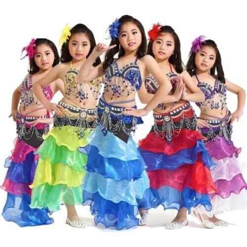 2018 New Children Belly Dance Clothes 3-piece Oriental Outfit Bra, Belt, Skirt Belly Dance Costume Set Competition Tutu #865