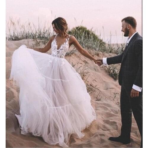 Lace Boho Simple Wedding Gown Bohemian V-Neck Tulle Sleeveless Svadobne Saty Zwarte Trouwjurk Charming Custom Made For Lady