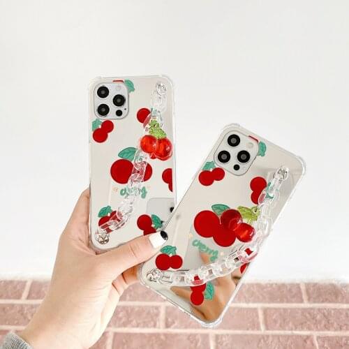Hot Sale Fashion Cherry Pattern Phone Case with Wrist Chain Pendant for iPhone 12 Girls Mirror Cover for iPhone 11/7/8/XS/X/XR