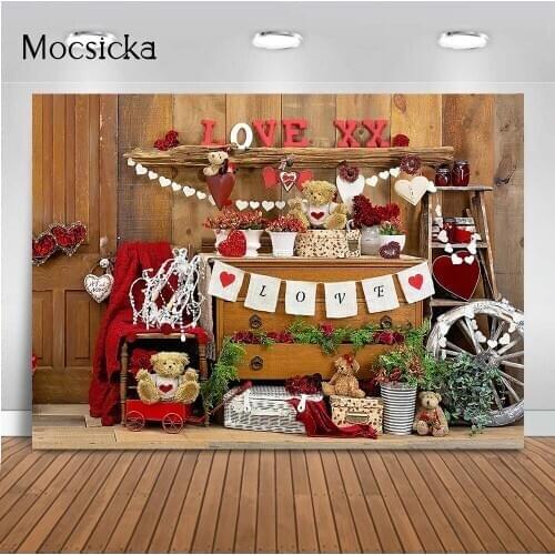 Love XOXO Rose Flowers Backdrop for Photography Valentines Day Cartoon Bear Kids Newborn Birthday Portrait Photo Background