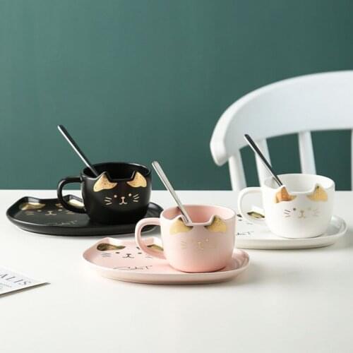 Cute Cartoon Cat Ceramic Coffee Cup And Saucer Set Milk Tea Mugs Birthday Couples Gifts Friends Cup With Spoon Porcelain