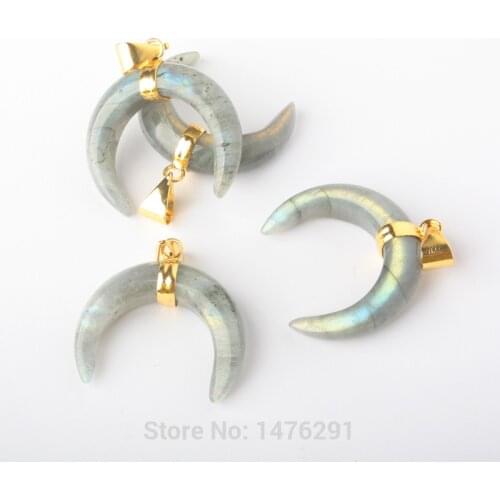 Fashion Chakra Bull Horn Pendants Natural Labradorite Stone Crescent Moon Pendants 1PCS