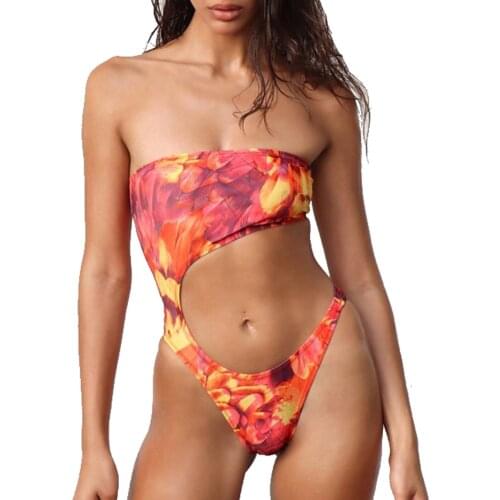 Sexy Strapless Womens Swimsuit Floral Hollow Out Bikini Bodysuit Backless Push Up Ladies Beachwear Summer Bathing Suit