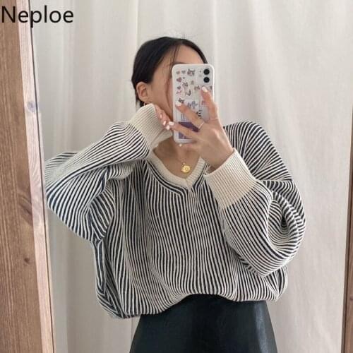 Neploe Black White Striped Pullover Knitted Sweater Women Mid-Length Korean Chic Jumpers Autumn Fashion Harajuku Vintage Tops