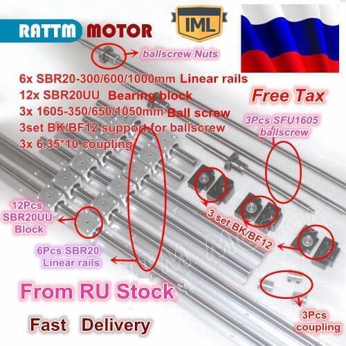 RU free shipping 3sets ballscrew SFU1605-350/650/1050+3BK/BF12+3sets SBR20 rails+3 couplers for CNC router/Milling Machine