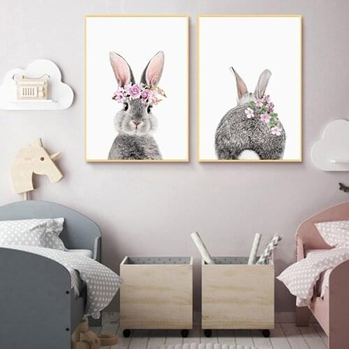 Self Adhesive Wall Sticker Bunny Rabbit Tail Wall Art Picture Flower Poster Print Painting Nordic Kids Baby Room Decoration