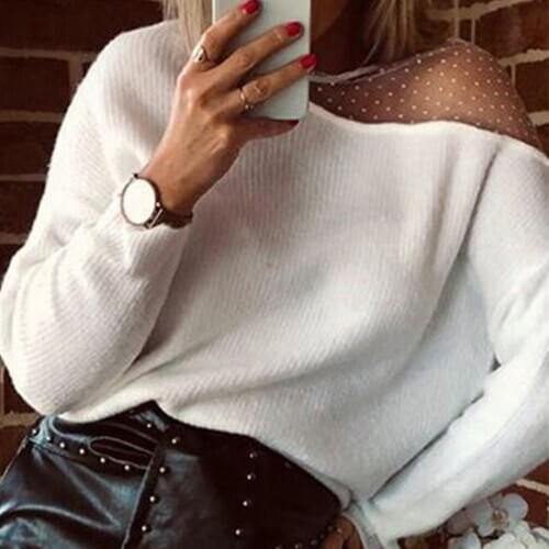 Sexy Women Autumn Blouse Sheer See Through O Neck Long Sleeve Pullover Sweater