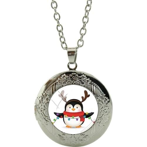 JOINBEAUTY Cute Penguin With Antlers Decoration Locket Necklaces For New Years Day Gifts Men Women Classic Glass Jewelrys