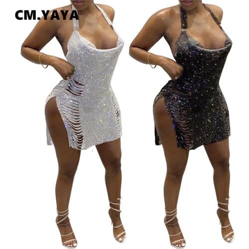 CM.YAYA Women Sequins Halter Neck Open Back Hole Side Split Bodycon Midi Dress Sexy Club Party Pencil Mini Dresses 2021 New