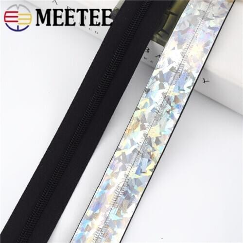 Meetee 2/5Meters 5# Reflective Laser Code Coil Loading Waterproof Zipper Self-cut Sewing Decoration Zip DIY Bag Garment Material