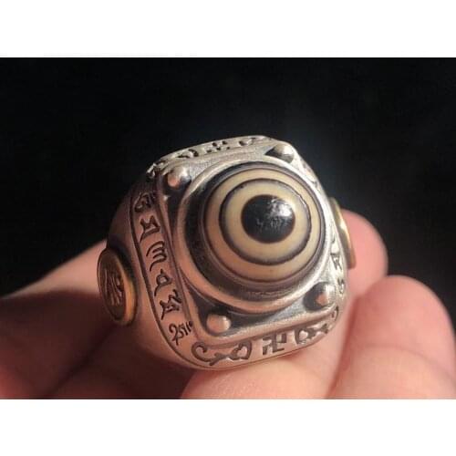 Tibet spreads s925 silver inlaid Buddhas eye dzi ring Jewelry eyes are real and perfect Old and fine weathered Adjustable size