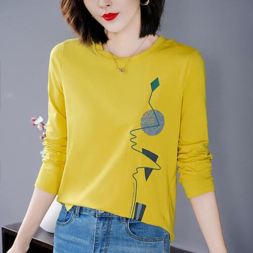 Spring 2021 Cotton Tee Shirt Long Sleeve T-Shirts Women Korean Loose Print Winter Pink Tees Ladies White Split Hem O-Neck Tops