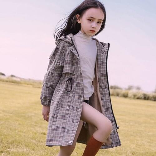 Autumn Plaid With Hood Children Clothing Girl Windbreaker Jacket Kids Girls Trench Outerwear Coats Princess Jackets For Girls