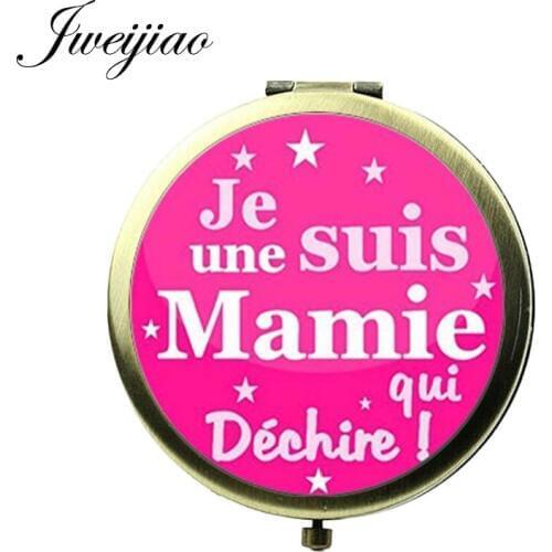 JWEIJIAO Je une Suis Maman Qui Dechire French Makeup Mirror Glass Cabochon Vintage Bronze Round Compact Vanity Pocket mirrors
