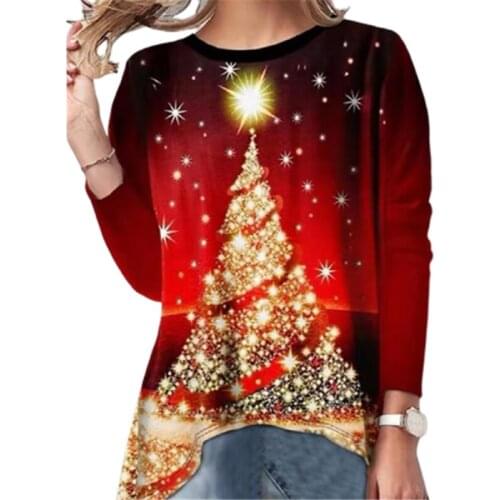 Women Christmas Day Theme Print Long Sleeve T-Shirt Top Autumn Winter New Casual Loose O-Neck Pullover Tee Fashion Party Female
