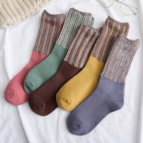 Coarse Thread Coarse Line Vintage Stitching Color Happy Korean Harajuku Women Heap Pile Sock Female Casual Cotton Hosiery Autumn