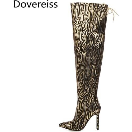 Dovereiss Fashion Womens Shoes Winter Gold Silver Pointed Toe Stilettos Heels sexy Zipper Elegant Over the knee boots 34-45