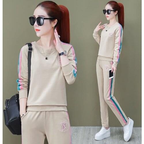 Spring New Women 2 Pices Set Long Sleeved Trousers Fashion Pattern Two Piece Outfits Apricot Black Blue Pink Clothes