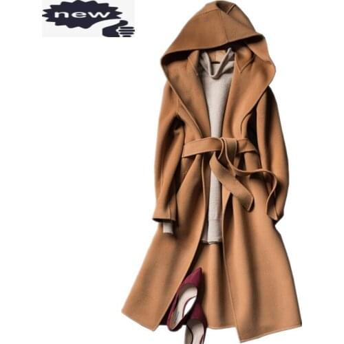 Street Elegant Wool Overcoat Women Autumn Winter Thick Loose Hooded Coat Luxury Office Lady Belt Long Sleeve Warm Outerwear S-XL