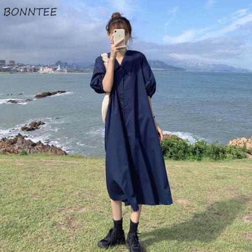 Dress Women Elegant Japan Style Loose Buttons Half Lantern Sleeve Office Harajuku Peter Pan Collar Simple Clothing Street Lazy