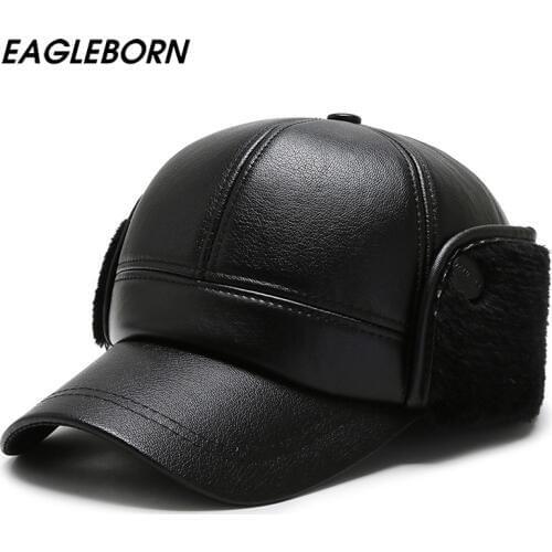 Winter Men Hat Fur Bomber Russian Winter PU Hat Ushanka Dad Hat for Men Ears Thick Hat Russian Hat Snow Warm Middle-aged Cap