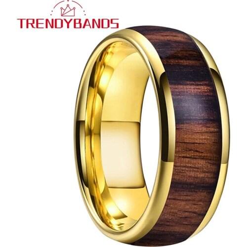 8MM Gold Wedding Band Tungsten Rings For Men Women Polished Shiny Domed Koa Wood Inlay Comfort Fit