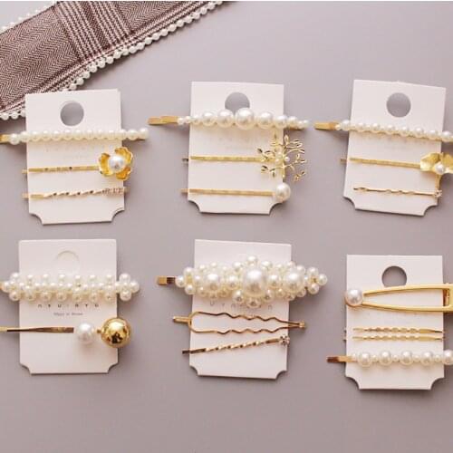 1set Korean Chic Metal Hairpins Imitiation Pearl Flower Hollow Geometric Hair Clips Women Girls Hair Jewelry Accessories Gifts