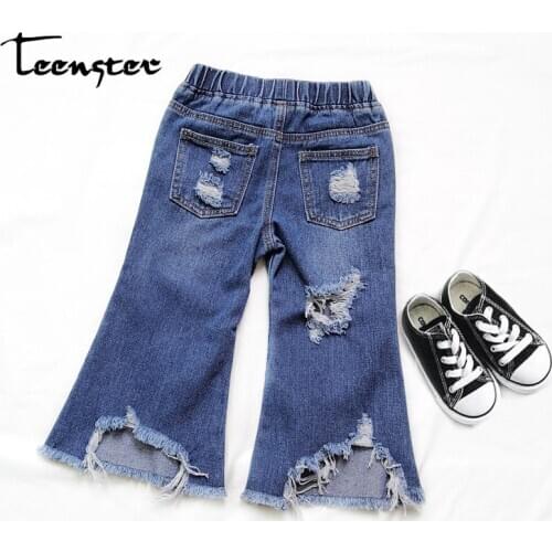 Teenster Autumn Broken Hole Little Girls Jeans Toddler Children Clothes 2-7 Years Bell-bottoms Fashion Kids Denim Trousers