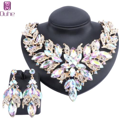 Luxury Crystal Leaves Jewelry Sets Necklace Earrings Bridal Wedding Party Engagement Jewellery Costume Accessories Sets