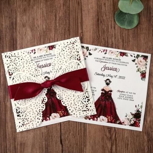 50pcs Square Invitations Cards Bridal, Baby Shower Invite, Birthday, Dinner Invites, with Red Bowknot Hollow W0003