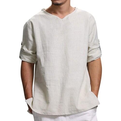 Fashion Mens Baggy Cotton Linen V-Neck Solid Colors 3/4 Sleeve Breathable Casual Loose Shirts Tops Blouse Plus Size Camisa#G3