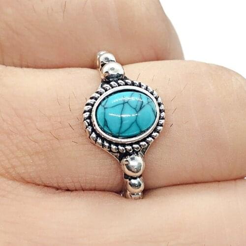 Fashion Vintage Turquoises Wedding Ring Punk Natural Blue Round Stone Rings for Women Men Boho Party Jewelry Size 6-10