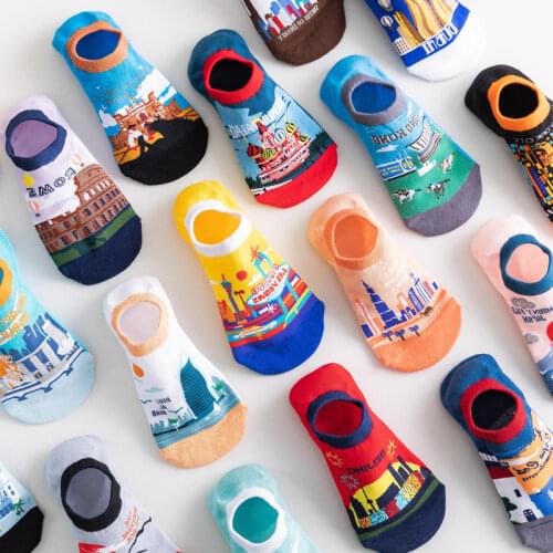 Fashion Unisex Boat Socks Cute Cotton Thin Cartoon Building Low Cut Couples Funny Sokken Korean Style Non-slip Breathable Sukka