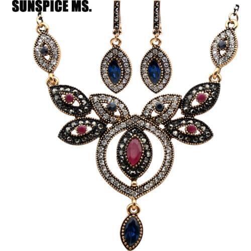 Sunspice Ms. Vintage Turkish Women Flower Necklace Earring Jewelry Sets Antique Gold Color Resin Ethnic Bohemia Wedding Jewelry