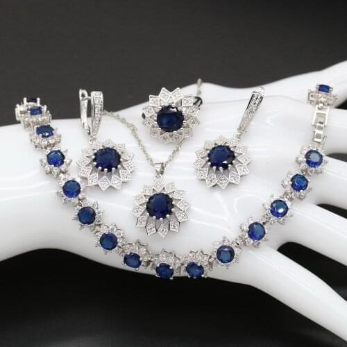 XUTAAYI Luxury Earrings 925 Silver Wedding Jewelry Sets For Women Blue Sapphire Bracelet Rings Bridal Pendant Necklace Set